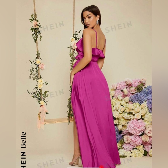 BNWT Hot Pink Shein Belle Maxi Dress Flowing Pretty Feminine Wrap Tie Wedding - Picture 2 of 8
